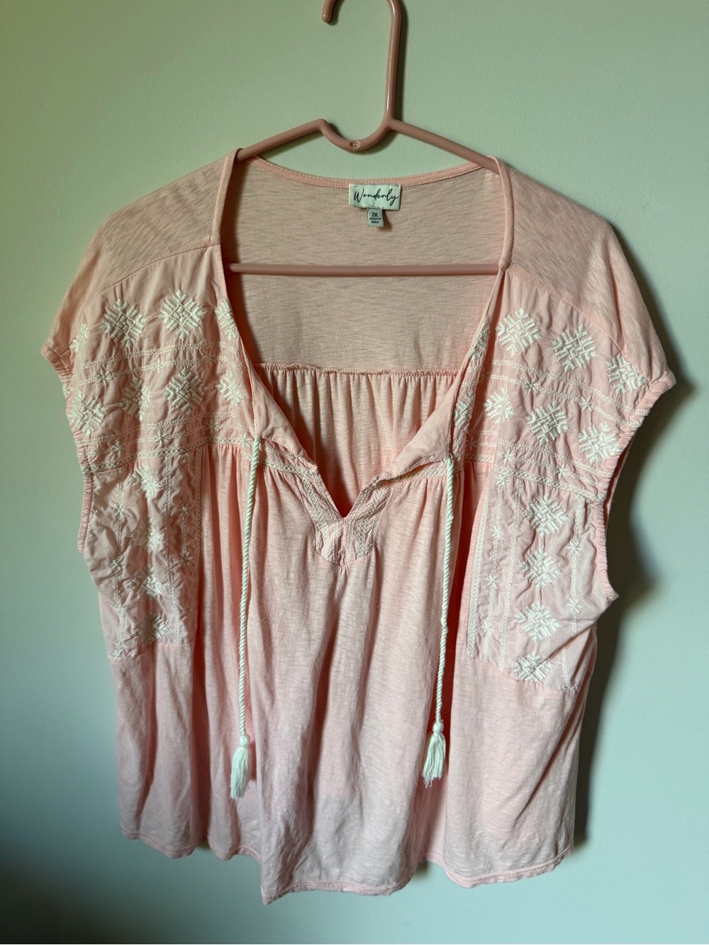 Wonderly Light Pink Embroidered Tie-Front Blouse, 2X